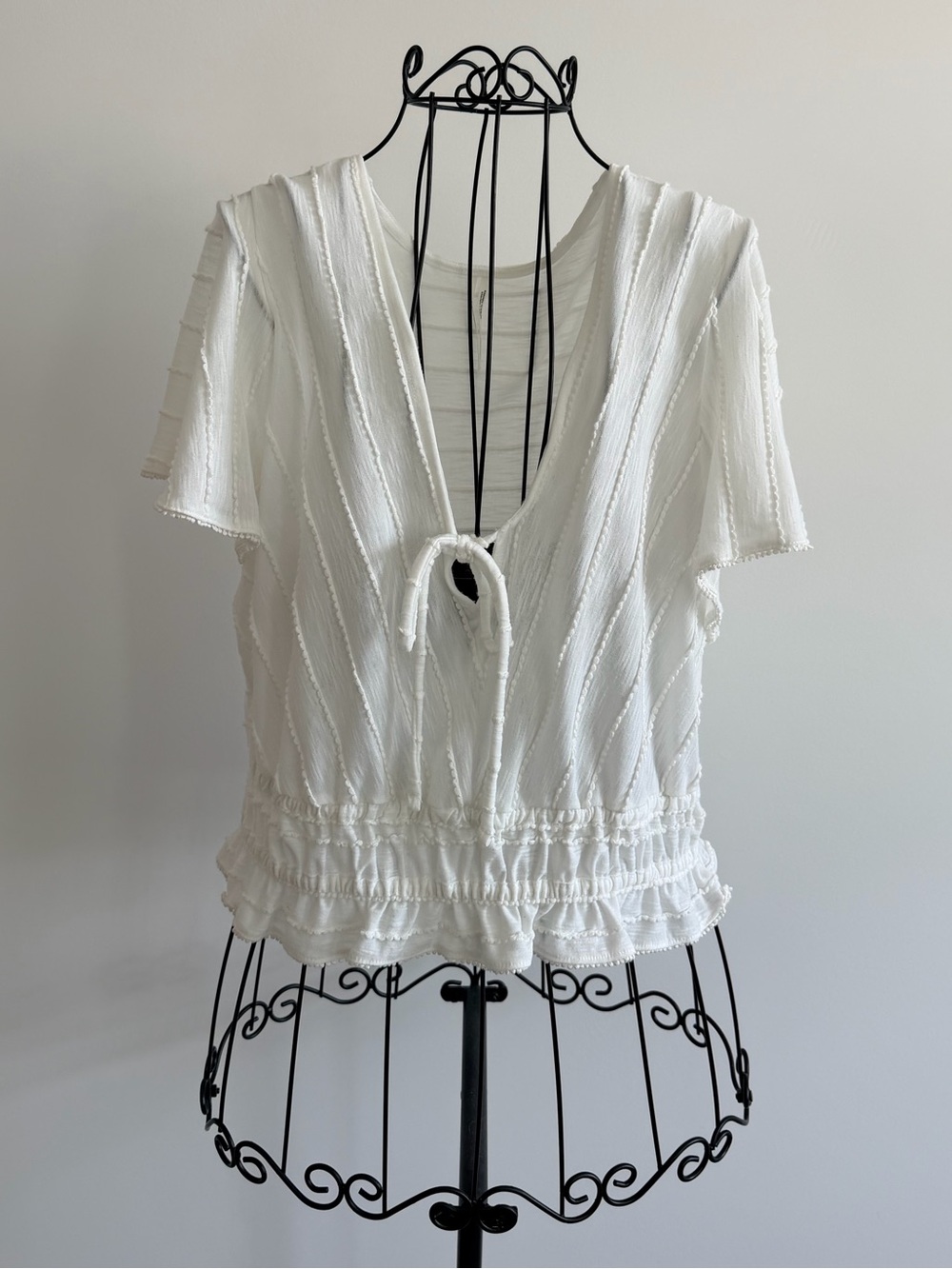 Anthropologie White Textured Tie-Front Blouse